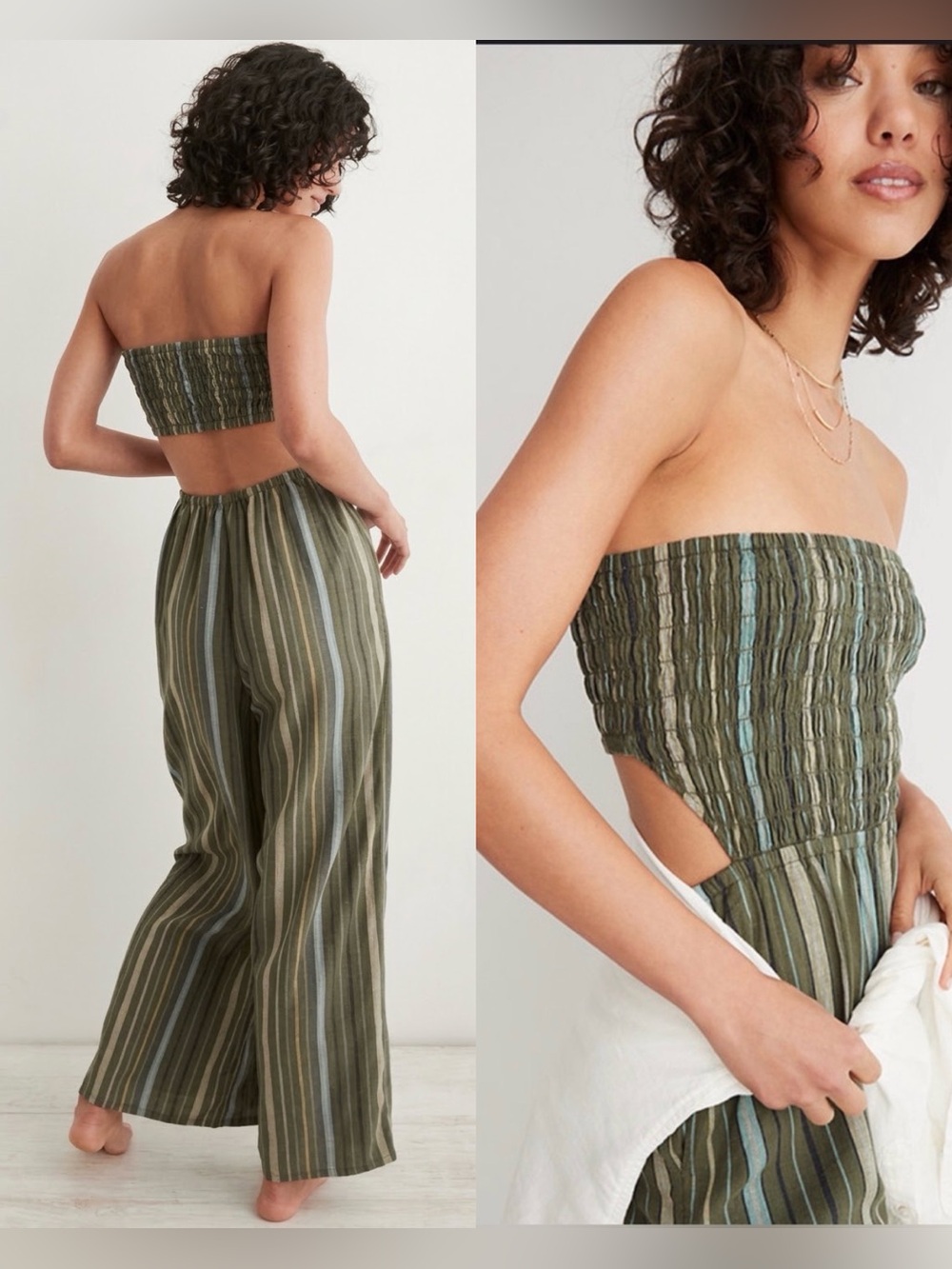 Aerie Linen Blend Strapless Wide Leg Smocked Jumpsuit , XS